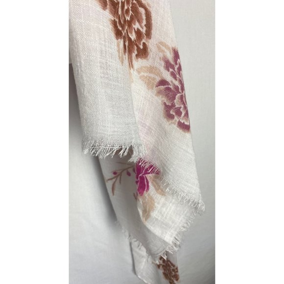 White Floral Wrap Scarf with Fringed Edges Length 76 Inches - Picture 3 of 5